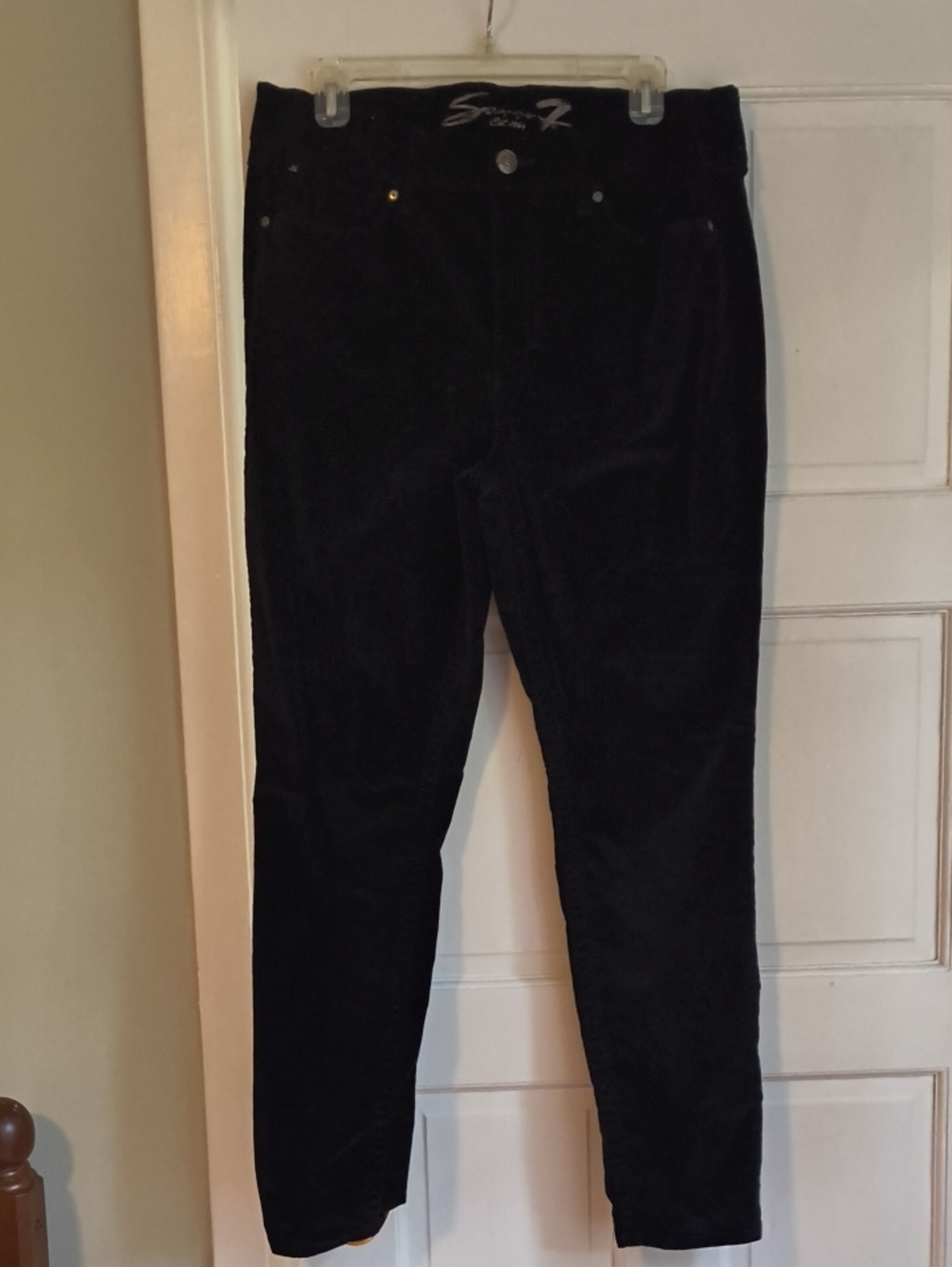 Seven  Black Velvet Looking Pants with Silver Script Waistband